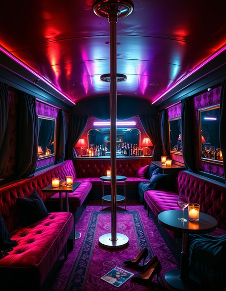 The interior of an old RV transformed into a mysterious, shady lounge with a moody and dimly lit atmosphere. The space is filled with deep red and purple lighting, creating a sultry neon glow. In the center stands a chrome pole mounted to the ceiling and floor, surrounded by plush velvet seats and low tables with half-empty glasses and flickering candles. The walls are lined with heavy curtains and faded wallpaper, giving a vintage and secretive vibe. A small bar area in the back holds various bottles and glasses, with a mirror backsplash reflecting the dim lights. The floor is covered in worn carpets and scattered with high heels, scarves, and old magazines. Subtle details hint at an underground lifestyle, without showing anything explicit. The overall ambiance is smoky, intimate, and cinematic. Highly detailed, noir-inspired, low-key lighting, retro-modern fusion style.
<lora:SDXLFaeTastic2400:0.4> <lora:extremely_detailed:0.4> extremely detailed<lora:4dult_rv:1>,4dult rv, Masterpiece,best quality,hi res,8k,hi res,8k,award winning,(sharp focus, intricate, highly detailed),