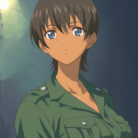masterpiece,1girl,solo,looking at viewer,upper_body,portrait,<lora:Aki_Kobayakawa ag4o v1:1> aki_kobayakawa, brown hair, short hair, dark skin, blue eyes,military uniform,