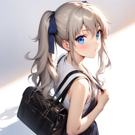 (masterpiece),(best quality),(ultra-detailed),(best illustration),(best shadow),(absurdres),(detailed background),(very aesthetic),nao_tomori, 1girl, solo, blue eyes, ponytail, bag, long hair, looking back, white background, ribbon, looking at viewer, simple background, hair ribbon, sleeveless, from behind, handbag <lora:XL-NaoTomori:1>