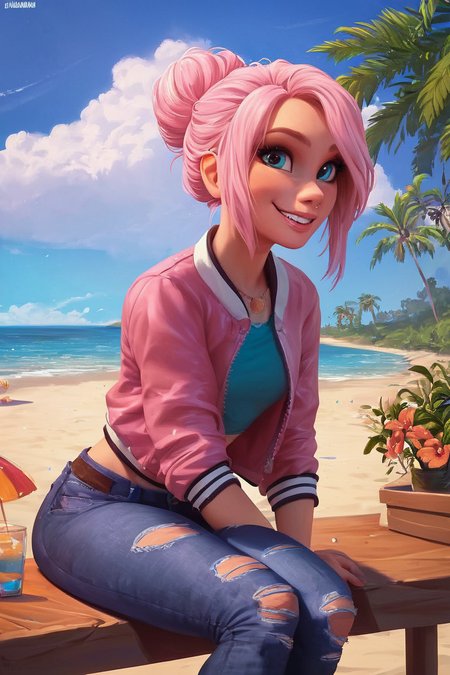 score_9, score_8_up, score_8, medium breasts, (curvy), cute, eyelashes,        BREAK, ,  <lora:Brooklynn_Jurassic_Park_PDXL_v2:0.5>, ,  zzBrooklynn, pink hair, single hair bun,   pink jacket, denim pants,  sitting, leaning forward, tropical beach,  BREAK,   smile, looking at viewer, cowboy shot, outdoors, sky, day, cloud, tree, blue sky, sunny,   embedding:zPDXL, Expressiveh,  <lora:Expressive_H-000001:0.4>,