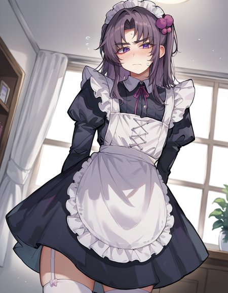 score_9, score_8, score_7, source_anime, indoors, blush, from below, maid, 1boy, femboy, pompom625tn, purple eyes, solo,  <lora:pompom625tn:0.7>
