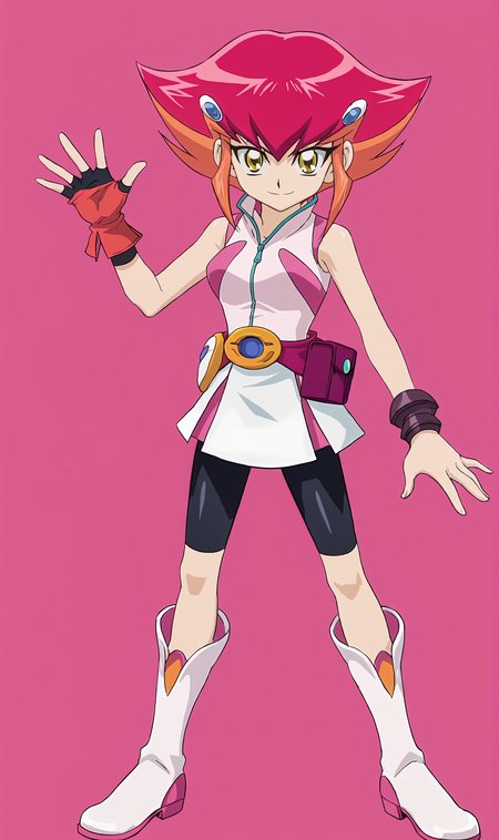AK, 1girl, solo, multicolored hair, yellow eyes, hair ornament, sleeveless dress, belt, pouch, single glove, wristband, bike shorts, white boots, standing, full body, looking at viewer, smile, pink background, simple background, <lora:Anna Kaboom Pony XL:1>