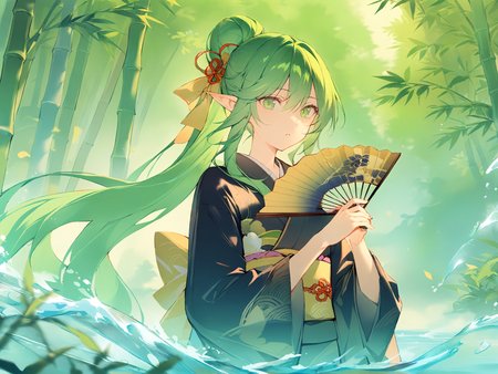 1girl, 
solo, black kimono, looking at viewer, holding fan, water, day, bamboo, forest, wide sleeves, looking to the side, hair bun, bamboo forest, very long hair, green eyes, outdoors, pointy ears, kimono, ponytail, hair between eyes, holding, parted lips, folding fan, hand fan, upper body, long sleeves, green hair, nature, japanese clothes, single hair bun, long hair, hands up, 
masterpiece, best quality,  safe
 <lora:mki-ani31-blackmeow-v1-000120:1>