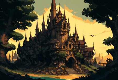 score_9, score_8_up, score_7_up, score_6_up, SFW, <lora:d3p1x3lXLP:1> d3p1x3l, PRSNL_3_1, pixel art, scenery, detailed castle, seen through trees,