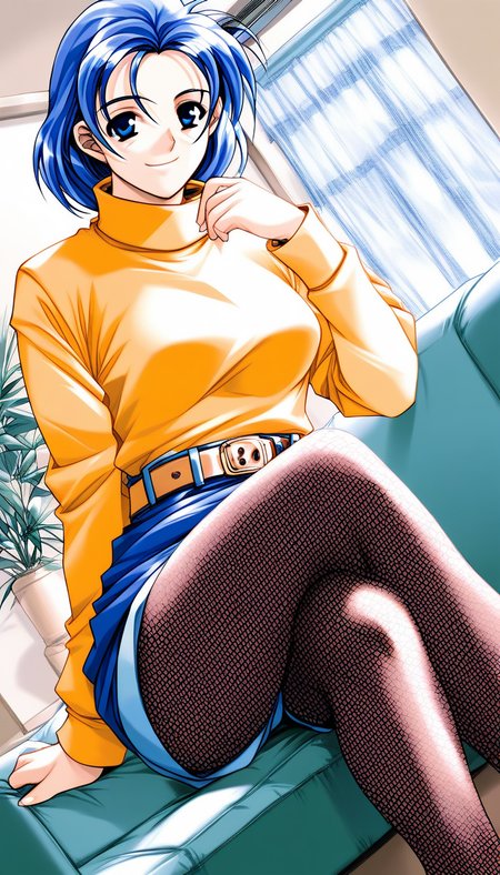 score_9, score_8_up, score_7_up, source_anime, rating_explicit, BREAK <lora:Nonomura_Misato_XL:1>Nonomura_Misato, blue hair, blue eyes, short hair, medium breastsã
1girl, solo, pantyhose, crossed legs, sitting, smile, skirt, belt, sweater, 
long sleeves, looking at viewer, fishnets, 1990s (style), fishnet pantyhose, shorts, indoors, turtleneck, dutch angle