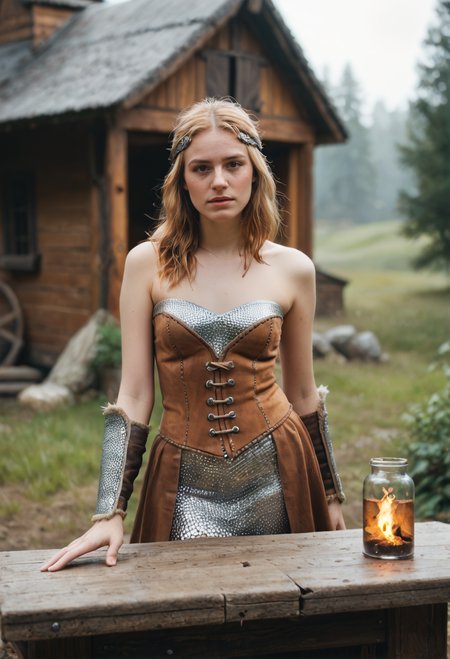 score_9, score_8_up, score_7_up  zPDXL3  (gorgeous young woman:1.1) viking, wearing Viking shieldmaiden costume with hide corset, chainmail skirt, hide bracers, fur boots, raven-crested helmet, Broad-bladed seax knife .set in viking village, Shaman's Hut, Mysterious dwelling shrouded in smoke from burning herbs, shelves lined with jars of potions and dried plants, a fire pit in the center casting flickering shadows, animal bones and intricate runes scattered on a rough-hewn table, the sound of chanting mixing with the howl of the wind   zPDXLrl