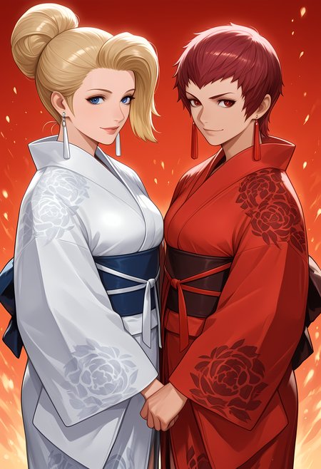 masterpiece, best quality, amazing quality, 2girls, female focus, side by side, abstract background, <lora:cfg_scale_boost:.6> <lora:Mature_and_Vice_-_King_of_Fighters_-_ILXL:1> ADDBASE
kof_mature, blonde hair, hair in bun, bangs, blue eyes, white yukata, japanese clothing, ADDCOL
kof_vice, red hair, short hair, red eyes, red yukata, japanese clothing