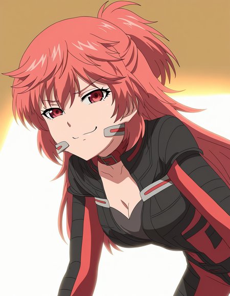 masterpiece, best quality, newest, absurdres, highres, safe,, <lora:aoi-hidaka-s1-illustriousxl-lora-nochekaiser:1>, aoi hidaka, long hair, pink hair, red hair, red eyes, ponytail, short ponytail,, bodysuit, black bodysuit, red bodysuit, cleavage,, restaurant, laughter, good food, warm lighting, celebration, , bent over, smug, looking at viewer, solo,, cowboy shot