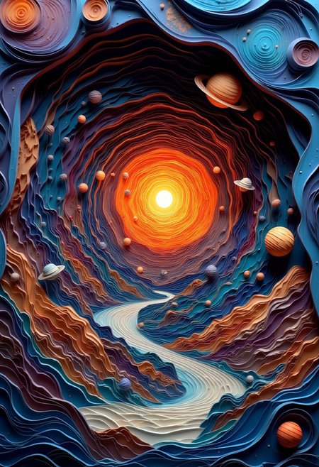 Paper quilling,  layered paper scene an image of deep space, swirling spiral galaxy, nebula, stars, planets, outer space