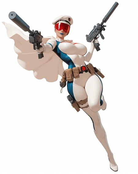 solo, (full body shot, wide shot:1.2), 1girl, (30 year old Russian woman:1.2), beautiful female cyborg spy, fair skin, (white with light blue accents superhero bodysuit with armor padding:1.3), white body armor vest, thigh pistol holsters, white cloak, white military beret, cyborg, cybernetic seams, utility belt, blue eyes, epic red visor, long blonde hair, hair bun, white arm length gloves, slim waist, (toned body:1.1), (large breasts:1.2), wide hips, ultra detailed face, (blue lips:1.2), confident closed mouth smile, strong jaw line, white thigh high superhero boots, (shooting a uzi machine pistol with a suppressor:1.2), white background, (dynamic pose, dynamic composition, dynamic angle:1.2), digital painting, masterpiece, best quality, very awa, absurdres, 8k, comic art style,  <lora:NOOB_vp1_detailer_by_volnovik_v1:0.6> <lora:noobai_vpred_1_aqm_complete_v3:0.3> masterpiece, best quality, very aesthetic <lora:HyperdetailedColoredPencilIl:0.3> ArsMJStyle, Colored pencil hyperdetailed realism <lora:ponyv6_noobE11_2_adamW:0.3> <lora:illustriousXL_stabilizer_v1.7:0.4> <lora:Comics_IllustriousXL_Lora:0.3> C0M1C5 Style <lora:Superhero_Aesthetic_Illustrious:0.3> SUP3RH3R0 Style, comic art style, <lora:Carlos GomezStyleilluLYCO:0.3> cgstyle, (borderless), <lora:ppw_v7_Illuv1.0_1_r2:0.2>, <lora:anatomy_helper:1> <lora:Uzi_-_Machine_Pistol:0.8>