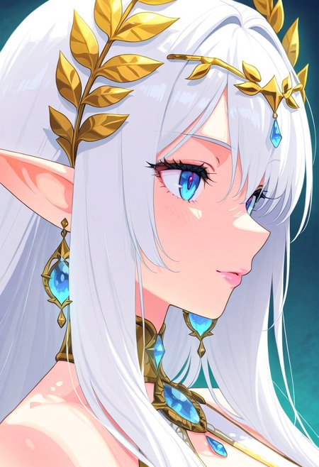 A stunning silver-haired female elf with striking blue eyes, elegantly adorned with a golden laurel headpiece, intricate gemstone jewelry, and a finely crafted choker. She has delicate, ethereal features and a serene expression, embodying grace and mystique. Her long, flowing hair frames her face, her lips are gorgeous luscious and glossy, pink lips, and her pointed ears are adorned with gold and blue crystal earrings. The background is a soft, pure white with gentle green leaves floating around, adding a sense of natural harmony. Rendered in a high-quality anime art style with fine details, soft shading, and a refined color palette, the portrait captures an enchanting fantasy aesthetic in a close-up, side-profile composition.