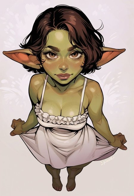 score_9, score_8_up, score_7_up,5fingers, 1girl, Goblin, green skin, wide hips, medium breast, white sundress, brown hair, simple background, (realistic:1.3), petite, short hair, shortstack, standing, ((front view)), sagging breasts, frills, looking at the viewer, from above, pov