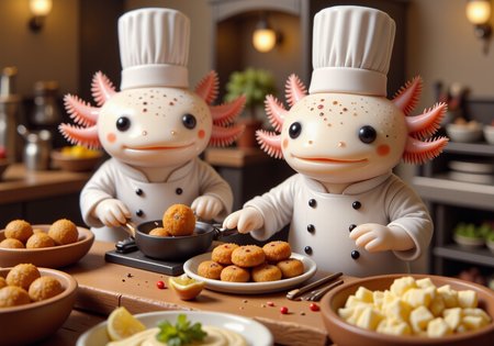top down tilt shift image of tiny cute anthropomorphized axolotls with pink frilly gills and round black eyes,  axolotl chef, in a Middle Eastern restaurant, cooking falafel and hummus, wearing a traditional Middle Eastern outfit, flavorful and aromatic dishes<lora:Axomodel_Flux_V2.safetensors:1.0:1.0> <lora:isometric.safetensors:1:1>
