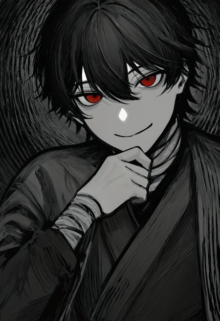 <lora:TnhocXQ=-noobaiXLNAIXL_epsilonPred_V110_V1-CAME>, Tnho, monochrome, greyscale, 1boy, male focus, solo, bandaged arm, bandages, black hair, looking at viewer, smile, short hair, closed mouth, hand on own chin, upper body, red eyes, jacket, black jacket, hair between eyes, hand up, japanese clothes, kimono, black kimono, long sleeves, shirt, bandaged neck