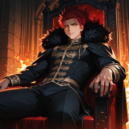 masterpiece, best quality, amazing quality, absurdres, newest, detailed background, definition so sharp, Ultra-HD, 8K cinematic, very awa, impressionate, amazing quality, highres, 
solo, male focus, manly, 
1boy, spiked hair, short hair, mikoto_red hair, mikoto_yellow eyes, mikotosuoh, royal attire, fur trim, dim lighting, shadows, regal, commanding presence, confident, unapproachable, burning embers, faint light, throne, leaning back, relaxed pose,