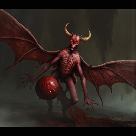 b3rs3rk first person d4concept pov, 3D01S, simple background d4artstyle atmospheric and powerful MikeFranchinastyle dark fantasy, natural organic and first person pov of a berserk style creature
A small menacing, red-skinned stone and fire gargoyle, blending the features of a rock bat and a obsidian stone demon. Its short body  with massive leathery wings stretching from its back, ready to launch into the air. Its glowing, fiery eyes pierce the darkness, while sharp horns protrude from its head. The creature's hands, tipped with razor-like claws, clutch a ball of bloody meat, ready to hurl at its prey. Its stance is hunched, exuding an aura of fear. Its long, sharp fangs glisten. It hovers just above the ground, prepared to unleash fiery devastation from the skies. 
UHD letterboxed game trailer frame chromatic aberration dark atmosphere sharp masterpiece with a focus on the character, elden ring style, dark atmosphere, chromatic aberration
