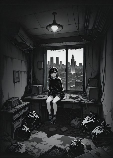 1 girl, solo, ringed eyes, cable, uneven bangs,  sitting on a desk, 
isometric, cluttered room, dark room, low lights, dirty room, trash bag, cityscape 
masterpiece, best quality, ultra-detailed, best illustration,  hatching \(texture\)