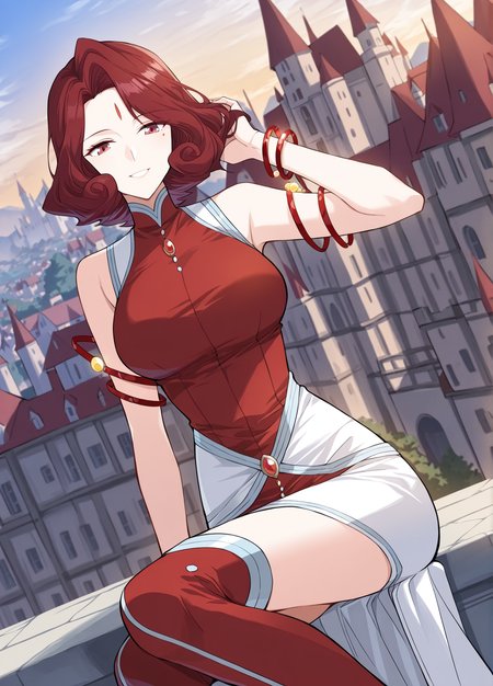 <lora:Xuan_Yi__Battle_Through_the_Heavens__Illustrious:1>
1 girl, solo, mature female, red hair, short hair, wavy hair, curled hair, ahoge, red eyes, beauty mark under eye, red and white dress, high slit dress, sleeveless, gemstone accessory, leg slit, elegant dress, thigh boots, red boots, futuristic jewelry, glowing bracelets, asymmetrical skirt
score_9, score_8_up, score_7_up, very aesthetic, source_anime, detailed, high quality, beautiful, masterpiece, detailed eyes, castle, village, blurry background, cityscape, pose dynamic angle, light smile, open mouth, hand on hair, sitting