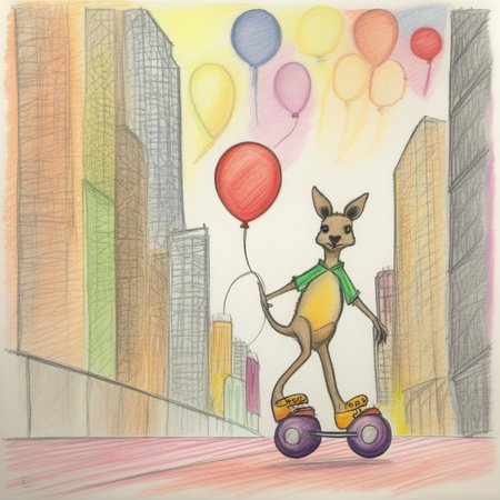 A kangaroo on roller skates, holding a balloon, zipping through a city
 <lora:crayons_v1_sdxl:1>