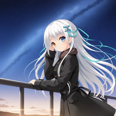 <lora:Amanogawa_Saya_2_nai-000013:1>,Amanogawa Saya,hair ribbon,aqua ribbon,white ribbon,hair ornament,
black coat,long sleeves,fur-trimmed coat,brown fur,
1girl,solo,from side,against railing,looking at viewer,smile,hand in own hair,hand on railing,floating hair,starry sky,milky way,wind,