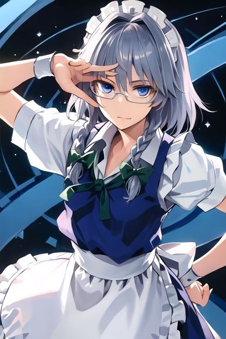 solo, 1girl, solo_focus, (((masterpiece))), ((best quality)), ((ultra-detailed)), high resolution, absurdres, highres, ultra-detailed 8k unity wallpaper, 
((glasses, bespectacled, )):2, 
izayoi sakuya, 
1girl,blue eyes, maid headdress, braid, grey hair, maid, twin braids, short hair, wrist cuffs, bow, hair bow, short sleeves, ribbon, apron,