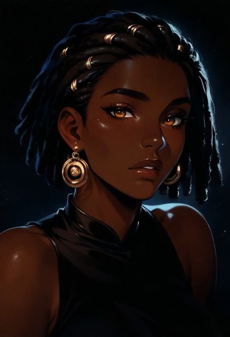 1girl, dreadlocks, solo, dark skin, dark-skinned female, short hair, bangs, earrings, jewelry, looking at viewer, very dark skin, bare shoulders, black hair, , solo, dark, light, masterpiece, best quality, very aesthetic, close up,  parted lips