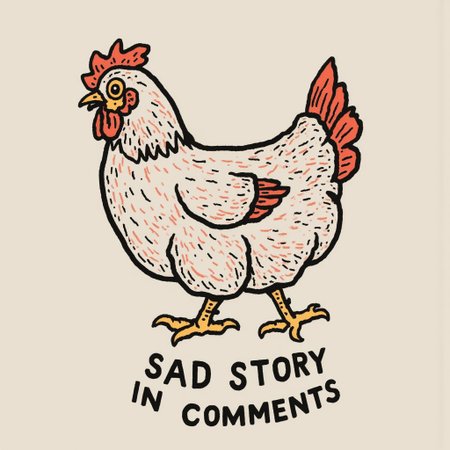 a graphic design of a humorous chicken with the text "sad story in comments" beneath it. Art in the style of jon-contino
