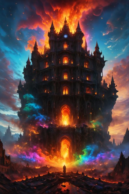 Surreal landscape of a gothic castle on fire, rainbow colored flames engulfing the sky, dark and eerie atmosphere, highly detailed with intricate architectural elements, by ZdzisÅaw BeksiÅski and H.R. Giger, digital painting in a mix of styles (dark fantasy/gothic/surreal), trending on DeviantArt. <lora:detailed_notrigger:1> <lora:DetailMaximizer:1> <lora:SDXLFaeTastic2400:1>  <lora:M05_Intensify:0.2> <lora:th3rm4lXLP:1> th3rm4l, colorful, thermal