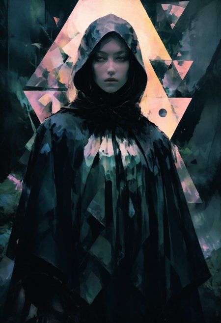 Dystopian style , close-up, a macabre masked figure in the depths of darkness, liminal fog, circles, triangle, geometric shapes, (ethereal, black wisps, grainy texture, 96YOTTEA). abstract geometric gradients. <lora:96YOTTEA style for AWDXL2:1>
pastel colors, stunning background. dark and moody, a mesmerizing blend of light and shadow. masterpiece, absurdres, intricate details . Bleak, post-apocalyptic, somber, dramatic, highly detailed