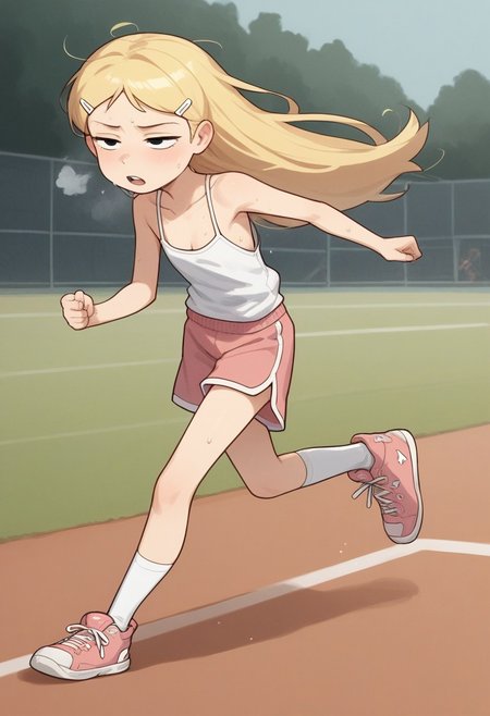 score_8, score_8_up, score_7_up, score_6_up,  source_cartoon, BREAK, 1girl, solo, K3lly, blonde hair, very long hair, white hairclip, black eyes,,,, petite,, , , , messy hair,  , half closed eyes, heavy sweating, heavy breathing,  motion lines, solo, female focus, white camisole, salmon-pink tennis shorts, sneakers, socks, athletics field, running, sprinting, outdoors, full body, flat chest, prefect anatomy, five fingers