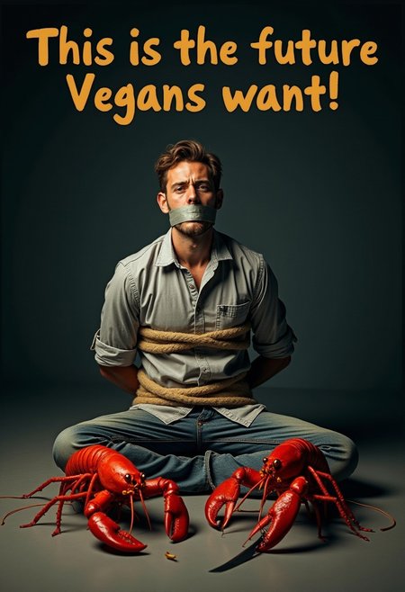 At the top of the image, bold letters spell out 'This is the future Vegans want!'
A photorealistic image of a man sitting on the floor of a dark room, tied up with ropes around his chest and hands behind his back. He wears a button-up shirt, and his mouth is covered with duct tape. His expression is one of pure terror. Two small, realistic-sized lobsters are crawling toward him menacingly. One lobster holds a small, clearly visible knife in its claw, ready to attack.