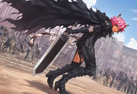 masterpiece, very aesthetic, anime screenshot, 1girl, Pink_PonyXL, DragonSlayerSword-Il.V1.0, black armor, shoulder armor, gauntlets, greaves, bandaged arm, black cape, torn cape, bright pink hair, cat ears, scar on nose, cat bell around neck, tanned, white tiger tail, small breasts, femine body, smiling, making a cute cat face, single fanged tooth showing, standing, looking at viewer, side view, wielding-dragonslayer, huge weapon, sword, holding sword, holding weapon, full body, zoomed in on pink_ponyxl, Dutch angle, cowboy shot 
Break
City of hyrule, bright and sunny, happy adoring crowd,