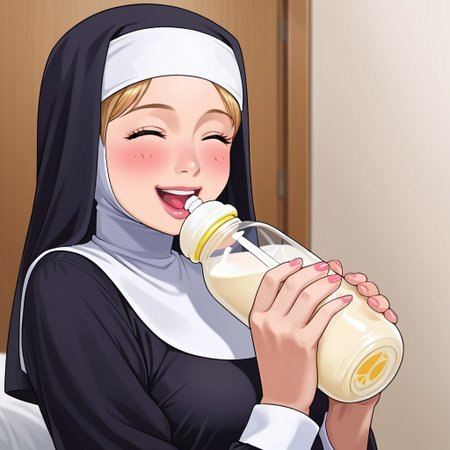 source_anime,  1girl, nun drinking from a baby bottle, wearing a diaper, happy, grinning