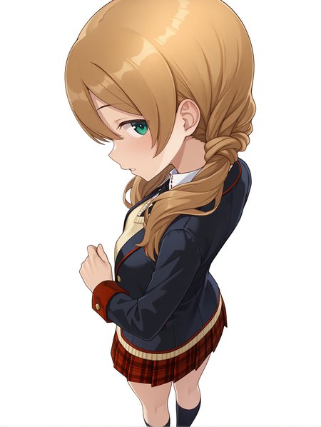 masterpiece,best quality,newest,
1boy,solo,
<lora:Kotomura_Amane_ilxl_v1.2:1>,k_amane,blonde hair,green eyes,low twintails,
ashihara_h,black jacket,open jacket,black necktie,shirt,sweater,plaid skirt,black socks,
<lora:Fixhands_anime_bdsqlsz_V1:1>,dynamic_angle,looking_at_viewer,standing,light_blush,face_focus,simple_background,white_background,parted lips,from_back,from_above,fisheye,looking_up,looking_back,profile,Twisting the body,embarrass,