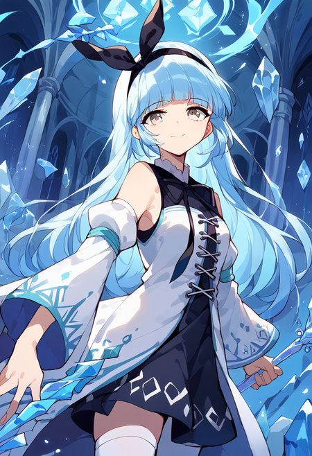 score_9,score_8_up,score_7_up,source_anime,zPDXL3,fantasy,castle,architecture,upper body,
*//*,<lora:ArchMageIL_Pony:1>,archmage_il,1girl,solo,blue hair,long hair,blunt bangs,grey eyes,detached sleeves,white sleeves,white thighhighs,white dress,long sleeves,wide sleeves,bare shoulders,black ribbon,black hairband,black bow,magic,open book,staff,holding staff,crystal,floating object,light smile,
*//*,looking at viewer,cowboy shot,dutch angle,