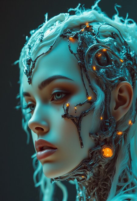 ArtfulNSFW, high-quality full hd 8k, professional cinematic epic movie scene, masterpiece, very aesthetic, 1girl, (18yo), 
best quality, masterpiece, HDR photorealistic image, extremely detailed, great lighting, woman, adult, beautiful girl, curvy body, cute, oval face), 
(Makeup touch-up, cheek, mascara, lipstick, eyeshadow, foundation, concealer, eyeliner), perfect lighting, High Definition HD, High Detail, Perfect Composition, dark fantasy movie, cowboy shot), 
Fashion Photography, cute style, portrait three different cute white 18 year old girl with cybernetics faces and body with cute face with white long hair are emerging from a contorting girl's face, cybernetic parts. Cute . Vibrant neon color photography, neon effects , White color dominant colored design seminar and event poster about artificial intelligence, minimalism, modernist poster design, clean typography, graphic design, poster design, ghost in the shell , Haute Couture Vogue Fashion editorial , fashion Photography Show a dancer with cybernetic enhancements performing on a futuristic stage, with movements amplified by technology. The audience is captivated and inspired.
 (((Showing big breasts:1)))
(Photography by Mimoza Veliu and Mario Giacomelli:1.2), (((Bright and use of high contrast:1.5)))