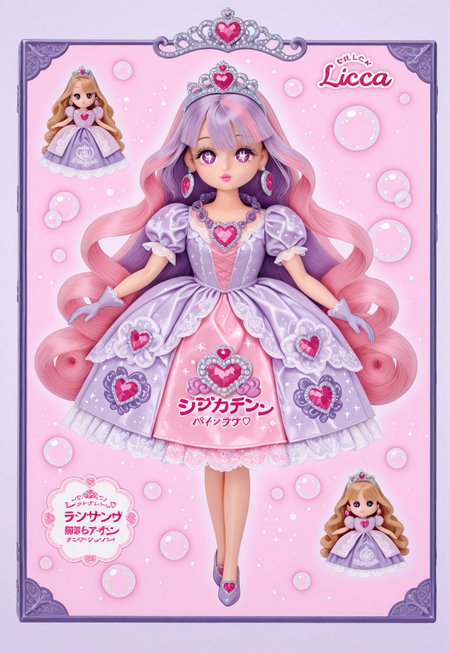 (fullbody, front facing, facing viewer) moe, kawaii, cute, 1girl, doll, (doll face, cute round face), doll joints, ((Licca-chan : 1.2)), big sparkling eyes, makeup, long eyelashes, detailed lips, fashion, ((doll clothes)), princess, pink and lavender ornate gown, puffy sleeves, hair ornaments, too many hair ornaments, tiara, jewelry, oversized earrings, gaudy plastic necklace, heart-shaped gem, lavender purple gloves, simple background, (soft, dreamy, pastel pink shoujo bubble background), (text, Japanese text),