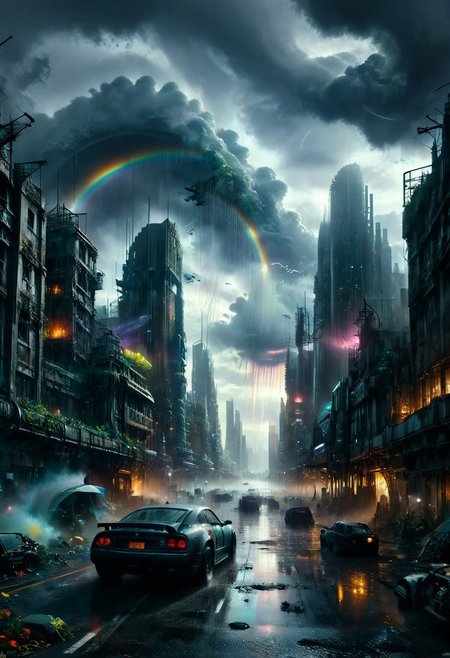 dark, low-key, hvrn, heavy rain,
A detailed dramatic illustration of a rainbow over a scifi futuristic city with flying vehicles, with grey color dark magic splash, flying vehicles in the sky, rainbow over a scifi futuristic city, heavy rain, dark gothic, 3D Vector Art, scifi art, watercolor effect, bokeh, Adobe Illustrator, hand-drawn, digital art, isometric style, retro aesthetic, focused on the character, 4K resolution, photorealistic rendering, using cinema 4D, view from above, 
Wide range of colors., Dramatic,Dynamic,Cinematic,Sharp details
Insane quality. Insane resolution. Insane details. Masterpiece. 32k resolution.
dvr-lnds-sdxl, ral-apoctvisn, zavy-rmlght,