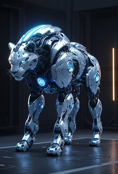 (masterpiece), (best quality), (masterpiece), (best quality), robotic android lion <lora:SilverPulseMorphXL:0.8> SilverPulse, masterful composition, dynamic volumetric lighting, realistic  ray_tracing, reflection, hyperrealistic, masterful composition, dynamic movement, ray_tracing, global illumination, glow