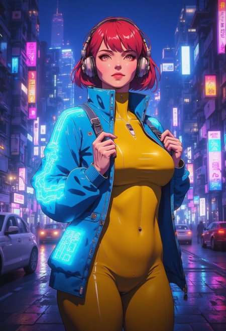 hdr, 4k, highly detailed, Increase image resolution, high quality render, Smart Sharpen, hard focus, Reduce image noise, A mature woman with short red hair stands in a dynamic pose on a neon-lit street at midnight. She has beautiful facial features with red lips, wearing a neon-lighted blue jacket and a yellow, full-body bodysuit that accentuates her hourglass figure, with a curvy waist, large bust, and thick thighs. She wears headphones, holding them with both hands, eyes closed and lips together in a gentle smile. The background is a vibrant, nighttime cityscape with towering buildings and neon signs illuminating the dark street, but everything except the woman is blurred with a depth-of-field effect, creating a soft focus on the surroundings. The camera captures her full body in a colorful, detailed anime style with vivid lighting and rich colors.