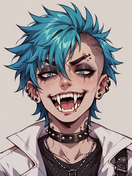 score_9, score_8_up, score_7_up, score_6_up, score_5_up,  <lora:f4ngXLP:0.7> f4ng, fangs, 1boy, punk,