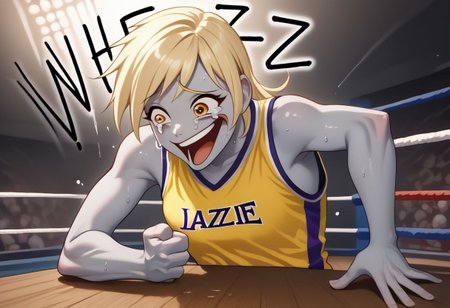 EnD_Niji_Sports, source_pony, Wheeze, open mouth, tears, laughing, Derpy Hooves, colored skin, grey skin, smile, crazy eyes,  collarbone, upper body, shirt, bare shoulders, closed mouth, sweat, sleeveless, makeup,  sportswear, wrestling uniform, hand on table, english text, clenched hand BREAK PonyXLV6_Scores