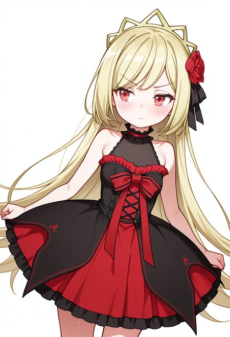 Smooth Quality,masterpiece,very intricate, high quality details, ultra realistic, high detailed skin,detailed enviorement,absurdres,
thumbs up,
 <lora:Ecute_CNR:0.8> ecute_cnr, 1girl, blonde hair, very long hair, red eyes, bare shoulders, black dress, sleeveless dress,  gothic fashion,tiara, hair flower,black footwear,, simple background, white background, dutch angle,solo,, blush,