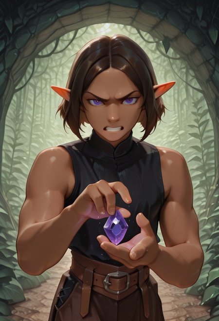 1 Lapanya, solo, Repeta, muscular, violet eyes, black sleeveless top,
furrowed eyebrows, gritted teeth, pained expression,
Holding purple gemstone in one hand, 4-sided gemstone, small gemstone,
organic cavern background, 
Medieval style, Smooth colors, detailed eyes, clean lines, high quality, best quality, masterpiece, rating: safe, source: anime,