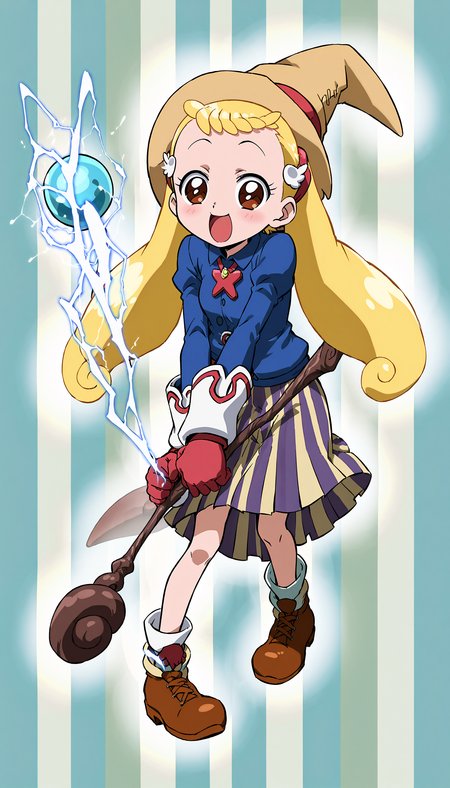 anime artwork of score 9,score_8_up,score_7_up,source_anime,masterpiece,best quality,(parody:1),(anime screencap:1.2),
BREAK
(makihatayama hana:1),1girl,twintails,blonde hair,brown eyes,ornament,hairband,solo,
BREAK
bmcostume,(hat:1.2),jacket,(vertical stripes skirt:1.7),(holding wooden staff:1.2),gloves,electricity from staff,
BREAK
smile,cute pose,(magical background:1.2),abstract background,
<lora:hana_makihatayama_xl_for_pony_xl_v01:0.8>,<lora:BlackMageCostumeSDXL-V1:1>,<lora:hand 4:1>,