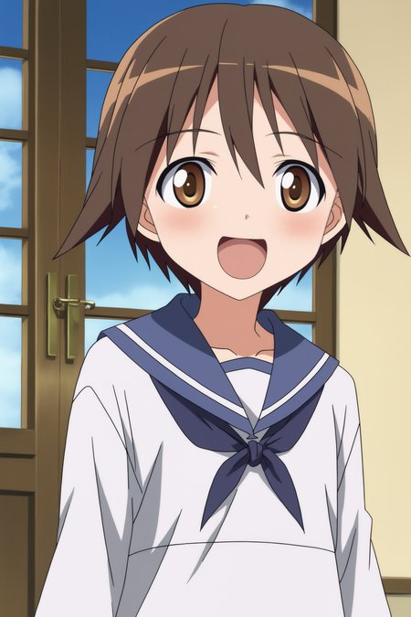 Yoshika_Miyafuji, anime coloring, flat shadows, upper body, happy <lora:Strike_Witches-Yoshika_Miyafuji-PDXL-s1:0.8>
