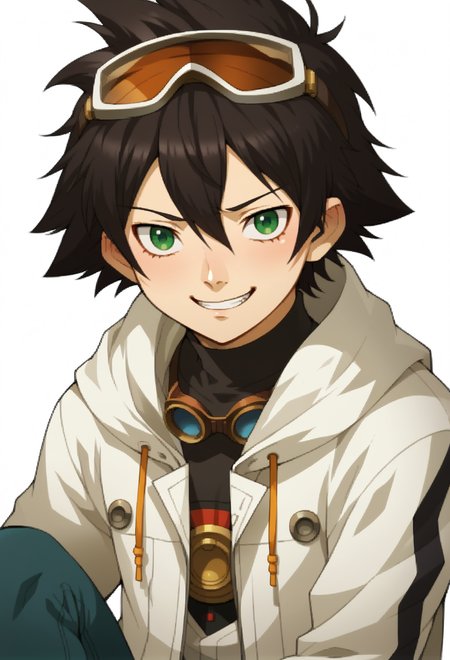score_9, score_7_up, source_anime, BREAK <lora:zs_SMTIVPortraitsXL_2:0.9> smtivportraits, portrait, white background, solo,, smile, 1boy, green eyes, short hair, black hair, bangs, hair between eyes, messy hair, (goggles on head:1.2), headband, white coat, hooded coat, hood down, open coat, black turtleneck, capri pants, layered pants, black knee boots,
