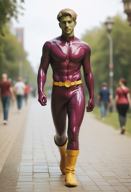 score_9, score_8_up, score_7_up, green face, mature, adult male, colored skin, superhero, latex, short blonde hair male, ((magenta bodysuit)), magenta superhero, yellow belt, yellow boots, walking, depth of field, 32k UHD resolution, best quality, high quality, full body