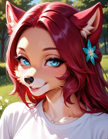 masterpiece, best quality, very aesthetic, absurdres,
outdoors, 
upper body, face focus,
t-shirt, 
seductive smile, parted lips, long eyelashes, head tilt, 
<lora:Croia_v01_NAIXL:1>
Cr01a,1girl,solo,furry,furry female,animal ears,long hair,red hair,hair ornament,blue eyes,snout,animal nose,body fur,tail,