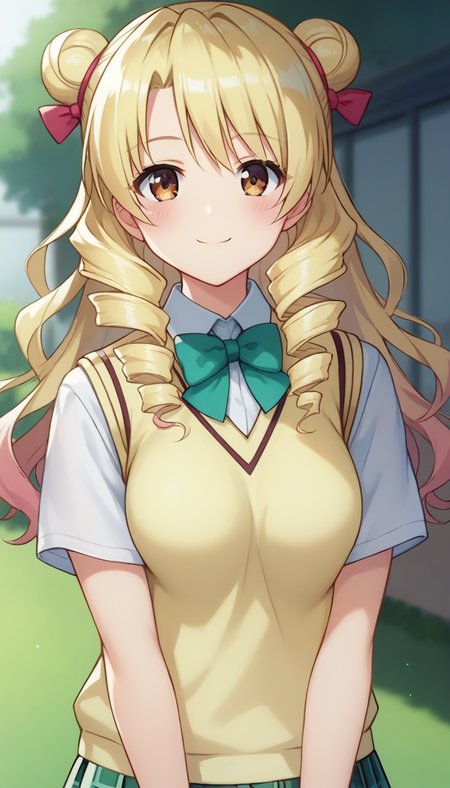 score_9,score_8_up,score_7_up,score_6_up BREAK official art,solo,outdoors,upper body,(portrait:1.5),looking at viewer,facing viewer,smile,blush,Tenjouin Saki,long hair,blonde hair,curly hair,double bun,twin drills,hair bow,hair ribbon,bangs,brown eyes,school uniform,sweater vest,yellow vest,white shirt,collared shirt,green bowtie,short sleeves,medium breasts,miniskirt,green skirt,plaid skirt,pleated skirt,black socks,loafers,<lora:Tenjoin Saki(tlr)-Pony:1.6>,